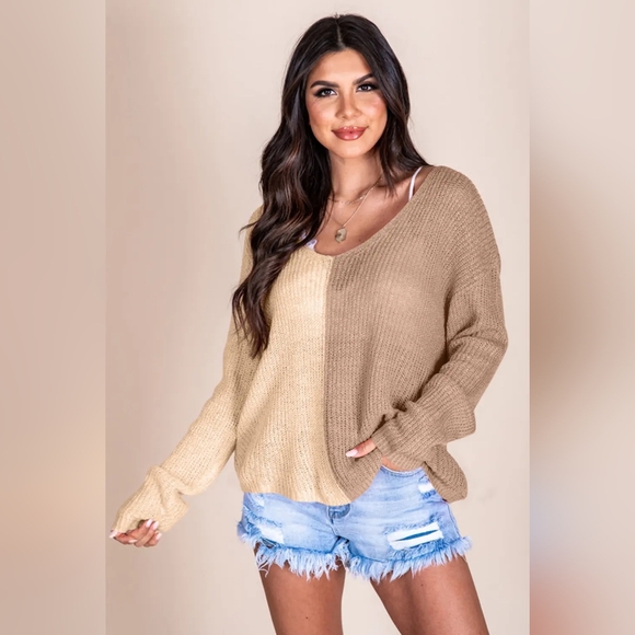 Color Block Two-Tone Contrast V-Neck Lightweight Shirt Pullover Knit Sweater Top - Picture 2 of 9